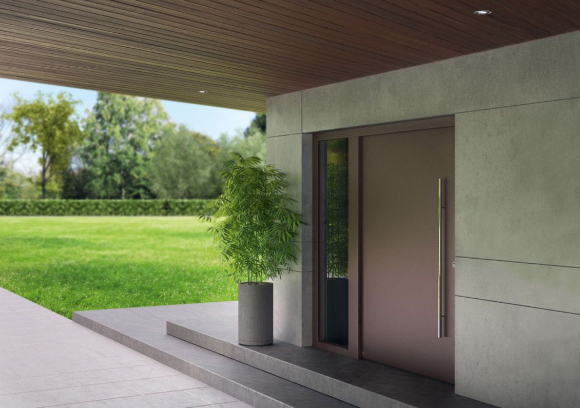 [Translate to Französisch:] Aluminium-Haustür mit Edelstahl-Griff: Modernes Design und höchste Wärmedämmung