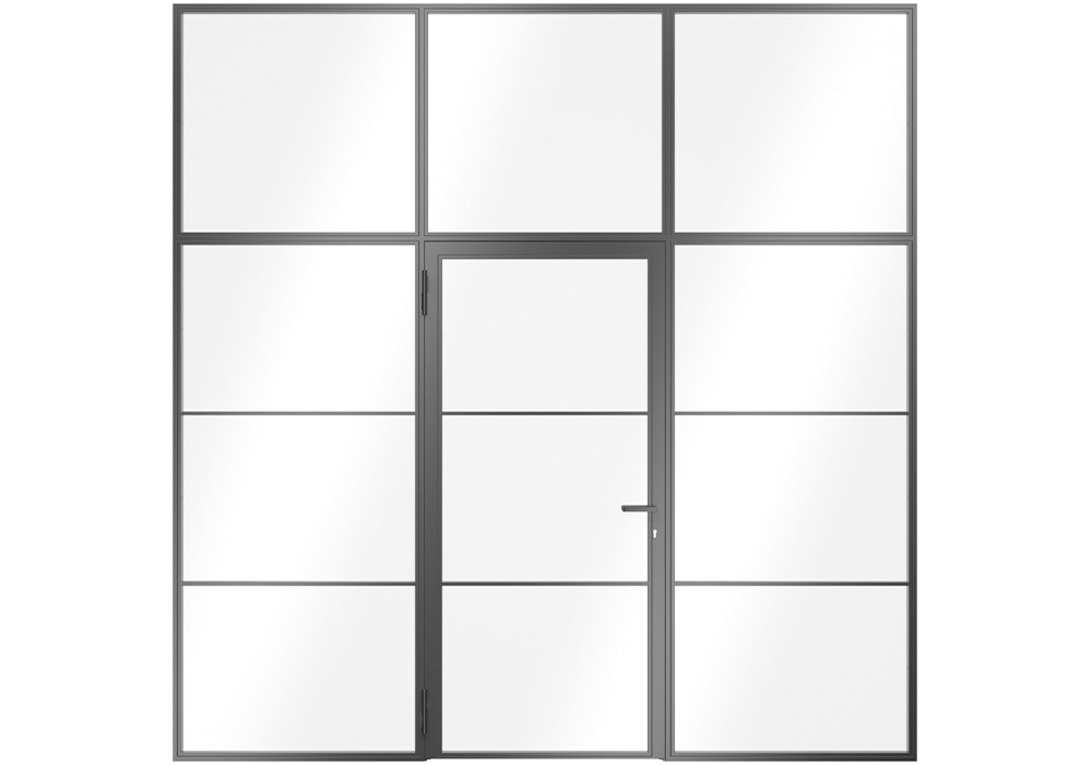 Jednokřídlé loftové dveře s bočními díly, horními světlíky a zasklívacími lištami Slim