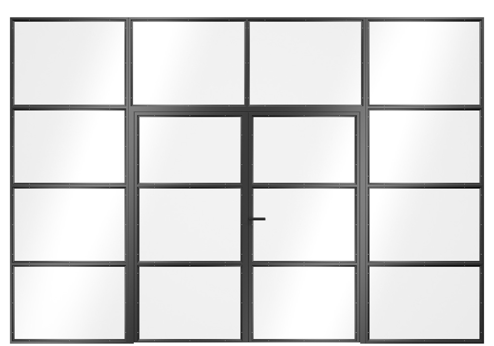 2-створчатые двери в стиле лофт с боковыми панелями и фрамугами, а также с боковыми опорными планками для стекла