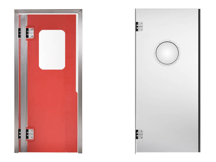Pa kreisi: PE divpusēji veramās durvis HPP-360 / Pa labi: Nerūsējošā tērauda divpusēji veramās durvis ar apļveida slīpējumu