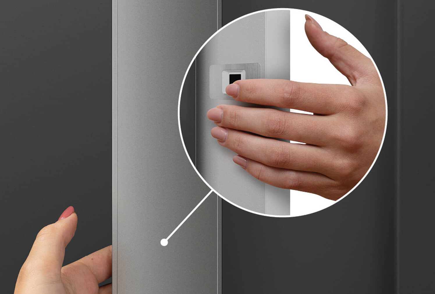 Besonders elegante, schlüssellose Lösung zum Öffnen der Haustür: Der Hörmann FingerScan für Aluminium-Haustüren und Stahl / Alu-Haustüren Thermo65 liegt verdeckt auf der Rückseite des Haustürgriffs.